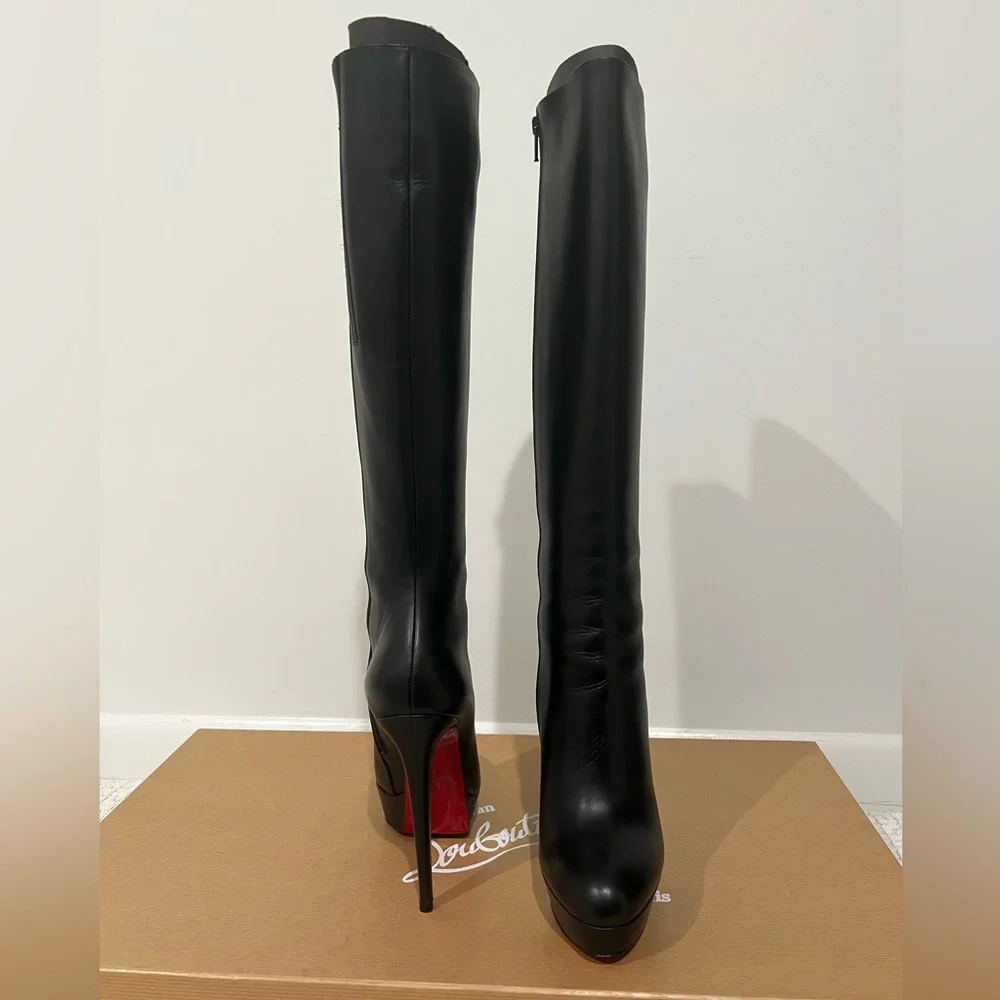 Christian Louboutin Bianca Botta 140 Black Leather Knee-High Boots EU39 Red Sole - Picture 1 of 9